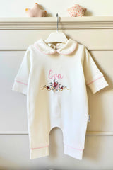 Çiçekli İsim Nakışlı 6'lı Bebek Tulum Seti - %100 Pamuk Bebeğe Özel Yeni doğan Tulumu, Battaniye, Yastık, Şapka, Eldiven, Puset Örtüsü